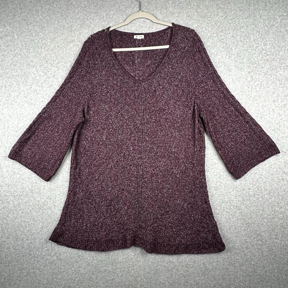 Westport Sweater 2X Purple Tunic Open Crochet Knit Lightweight 3/4‎ Bell Sleeve